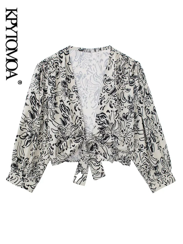 

KPYTOMOA Женская мода с бантом укороченные блузки с принтом винтажные V-образный вырез рукав три четверти женские рубашки Блузы шикарные топы