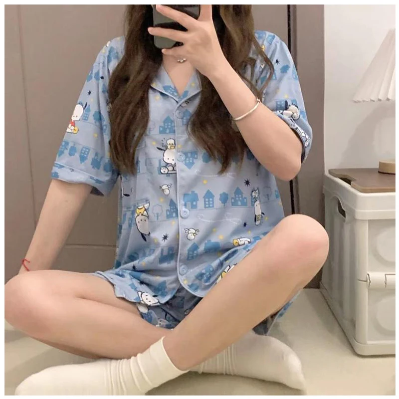 

Sanrios Pochacco Summer Girls Short Sleeved Shorts Cute Casual Pajamas Cartoon Kawaii Fashion Comfortable Home Clothe Gift