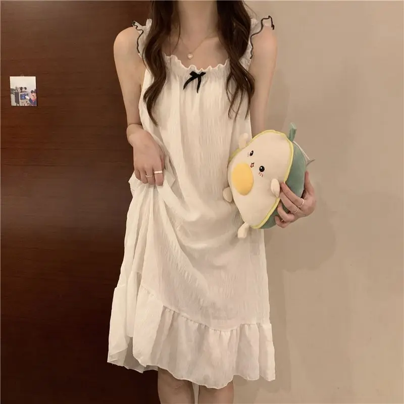 Sweet Desire Nightdress Princess Style Ruffle Halter Pajamas Summer 2023 New Bow Home Wear Loose Solid Casual Female Sleepwear