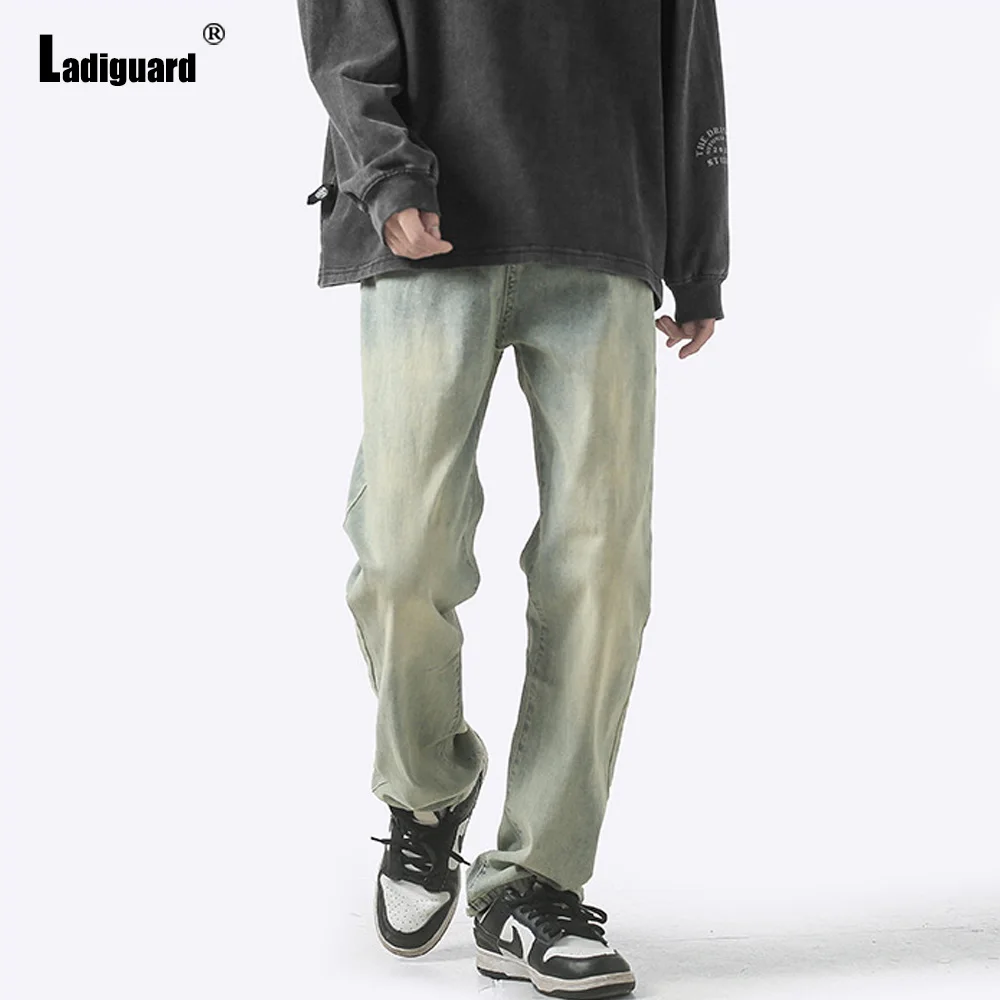 Ladiguard Men's Jeans Straight Leg Denim Pant Casual Loose Trouser Men Spliced Pockets Hip Hop Pants 2023 Kpop Fashion Jean Wear