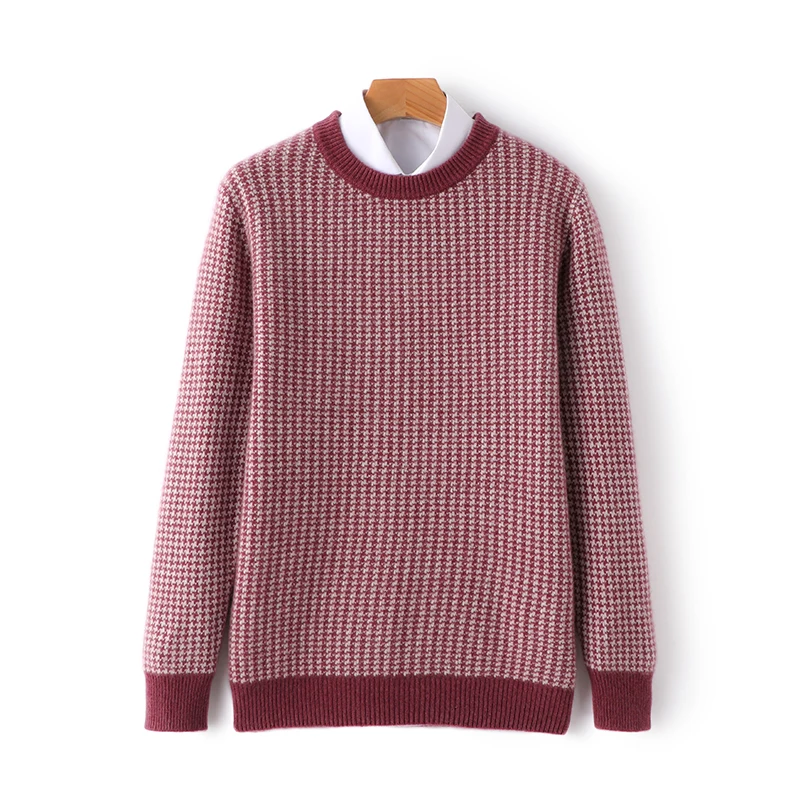 Men's Pullover Sweater Round Neck Autumn Winter New 100% Wool Sweater Small Plaid Thickened Jacquard Long Sleeve Loose Large Top