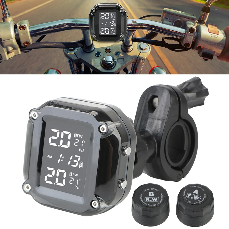 

Motorcycle TPMS Tire Pressure Monitoring System With External Sensors Moto Temperature Alarm LCD Display Waterproof USB Charging