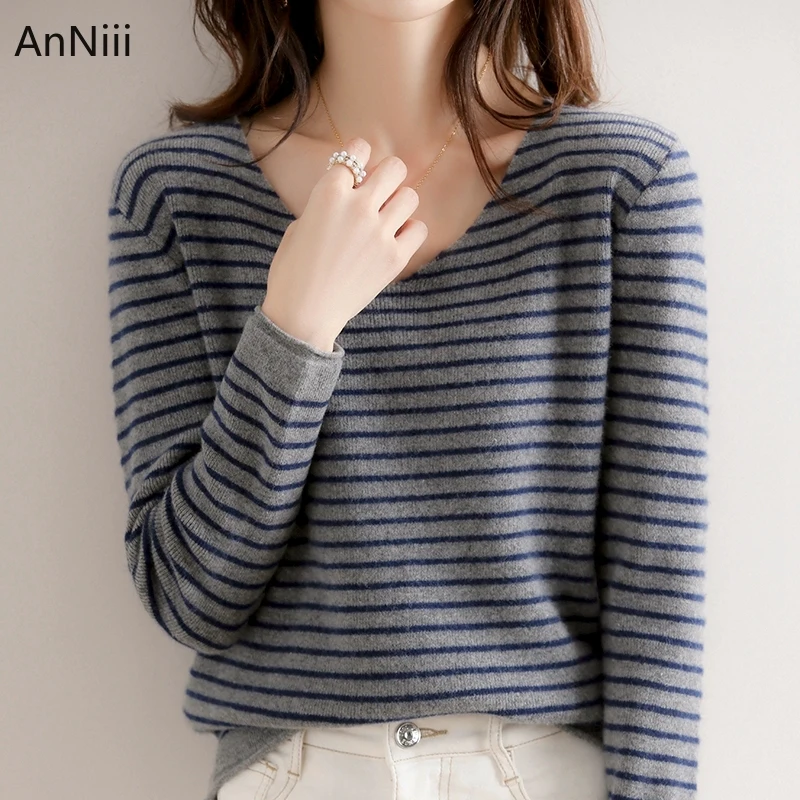 

Ladies Clothes In Winter Trend Fashion Woman Pullovers Jumper Long Sleeve Deep V Neck Soft Striped Knitted Tricot Sweater Female