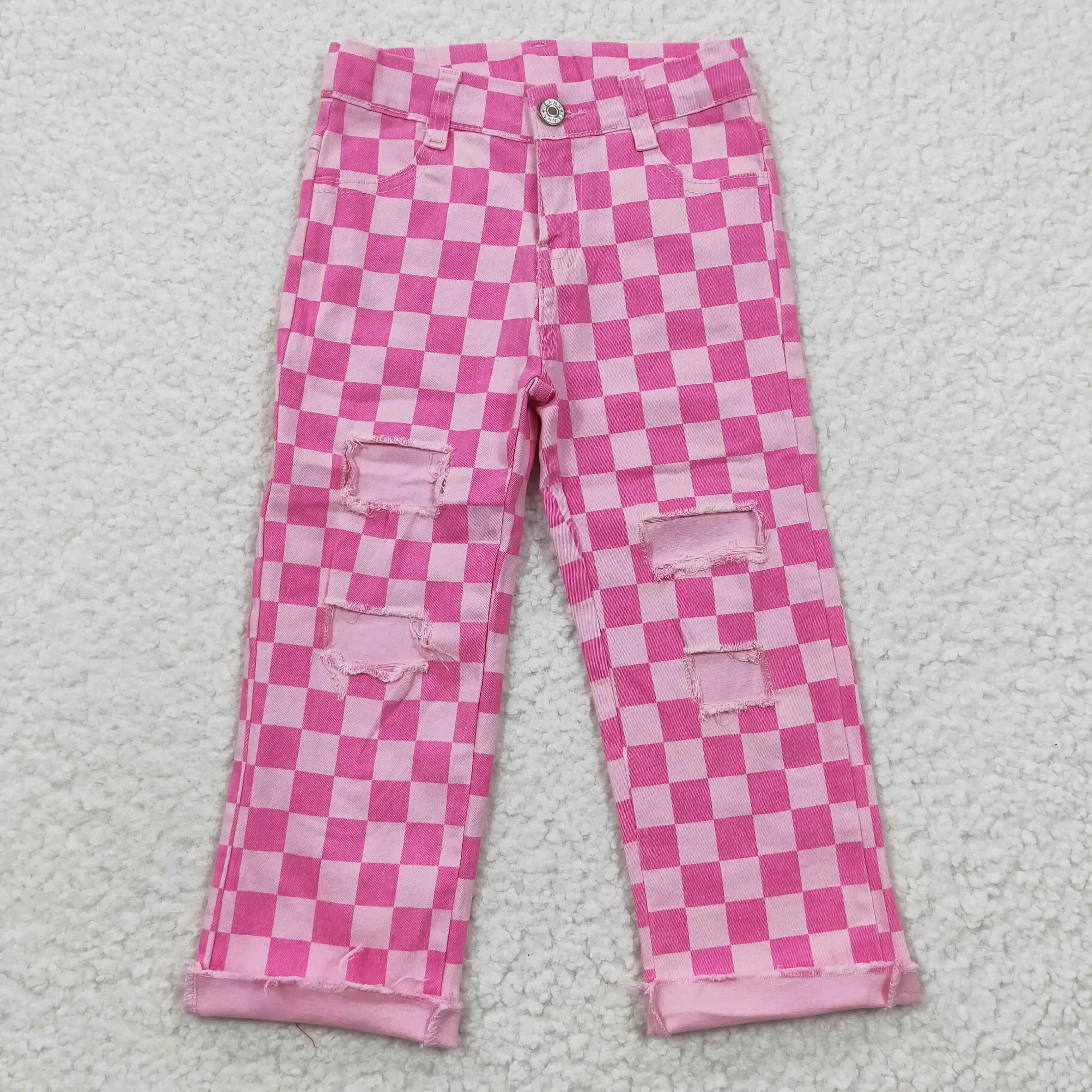 Boutique Wholesale High Quality Pants Toddlers Pink Blue Checked Ripped Jeans Kids Popular RTS Clothing