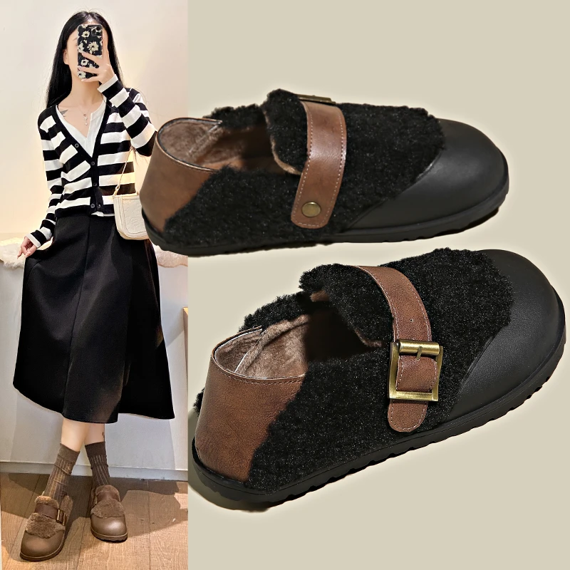 

Soft Skin Lamb Wool A Step Flat Plus Cashmere Plus Cotton All Comfortable Non-slip Breathable Wear-resistant Cotton Shoes Women