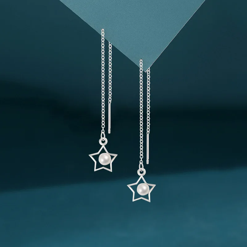 

925 Sterling Silver Long Imitation Pearl Star Earrings Japanese And Korean High-end Five-pointed Star Earrings Design Earrings