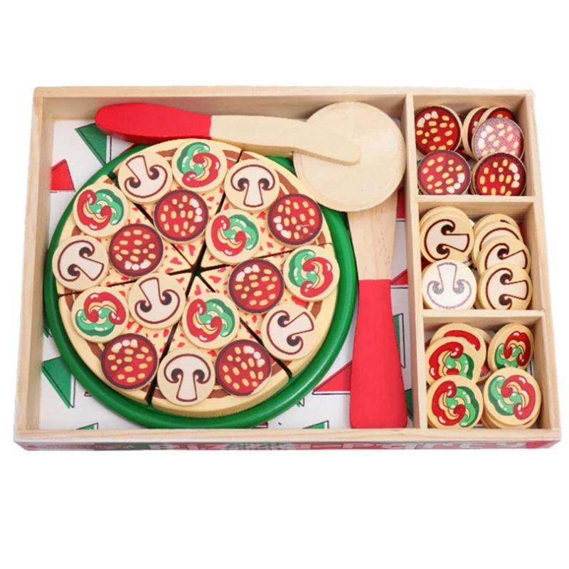 

64 Pcs Pretend Play Wooden Pizza Toy For Kids, Pizza Play Food Set For Children Pizza Party Food Cooking And Cutting Wooden Play