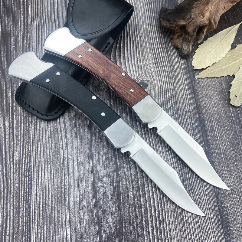 

BK 110 Folding Hunter Pocket Knife 3.75" D2 Blade Black G10 and Wooden Handle with Sheath Outdoor Tactical Survival Utility Tool