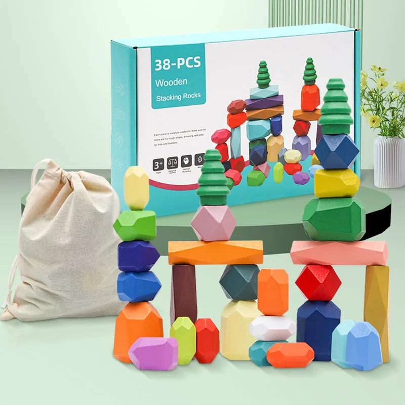 Wood Rainbow Stones Block Colorful Wooden Building Block Rainbow Stacker Balancing Stone Montessori Educational Toy Children