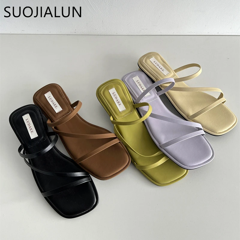 

Женские шлепанцы SUOJIALUN карамельных цветов, Модные женские сандалии с узкими ремешками, уличные классические пляжные шлепанцы на низком ква...