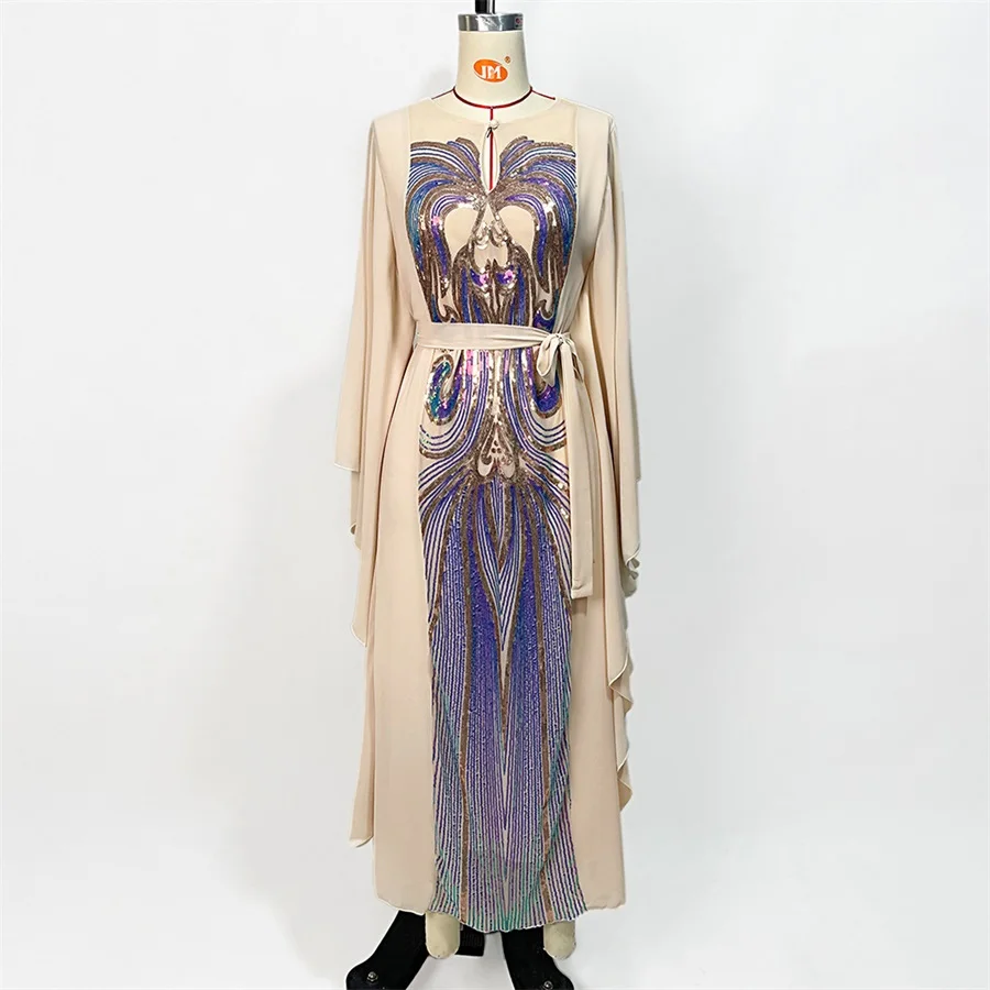 Elegant Floral Embroidery Sequins Butterfly Sleeves Belted Kaftan Ladies Evening Dresses Casual Loose Arab Muslim Women Clothes