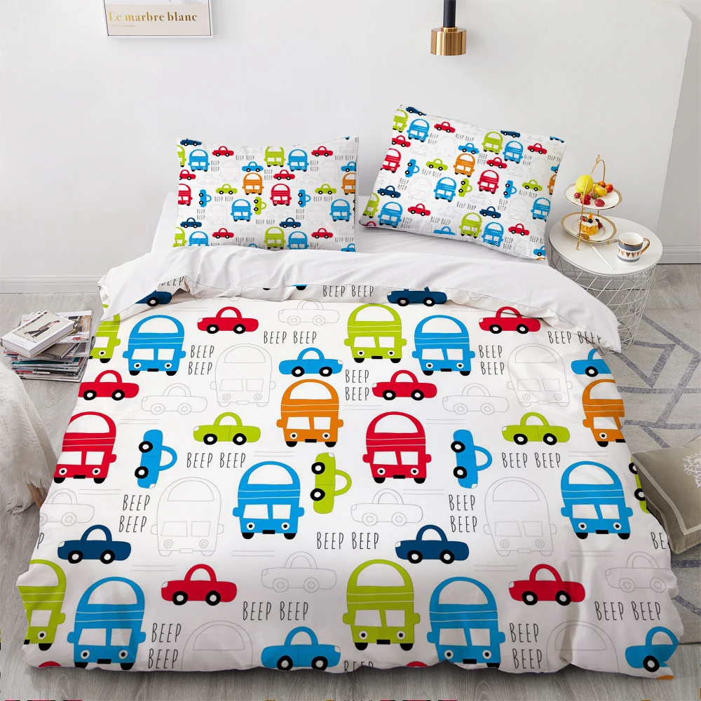 

3D Digital Cartoon Colorful Cars Duvet Cover Set White Comforter Cover Set Full Double King Size 203x230cm Bed Linen Bedroom