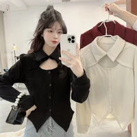 ladies hollow out thin large size lapel top long sleeve t shirt puff sleeve irregular bottoming shirt
