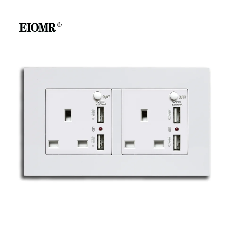 

EIOMR UK Wall Type Socket Panel 13A 146mm*86mm with Switch New Flame Retardant PC Panel British Standard with Dual USB Socket