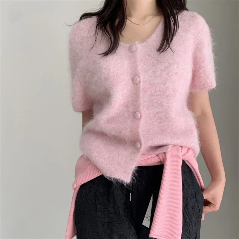 

French Shorts Sleeves Casual Knitted Pink Sweater New Women Tops All Match Lady Coats Slim High Street Outwear Cardigans Chic