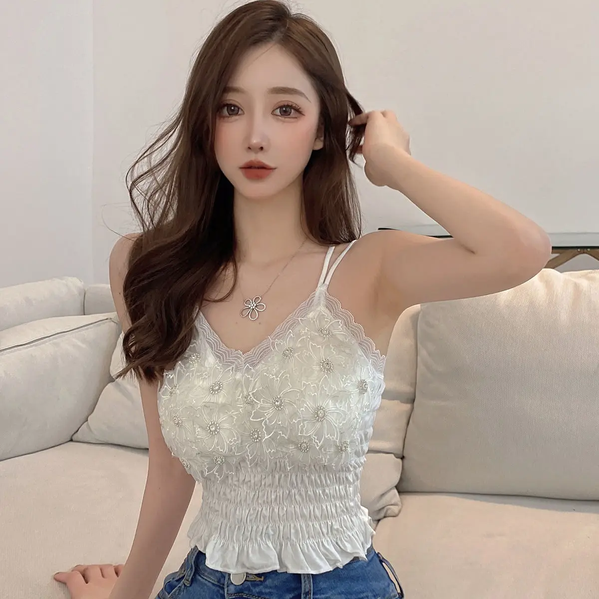 Summer Woman Clothes y2k Tops French Diamond Appliqué Camisole Bottoming Shirt Lace Crop Top Women's Folds Spaghetti Strap Tops