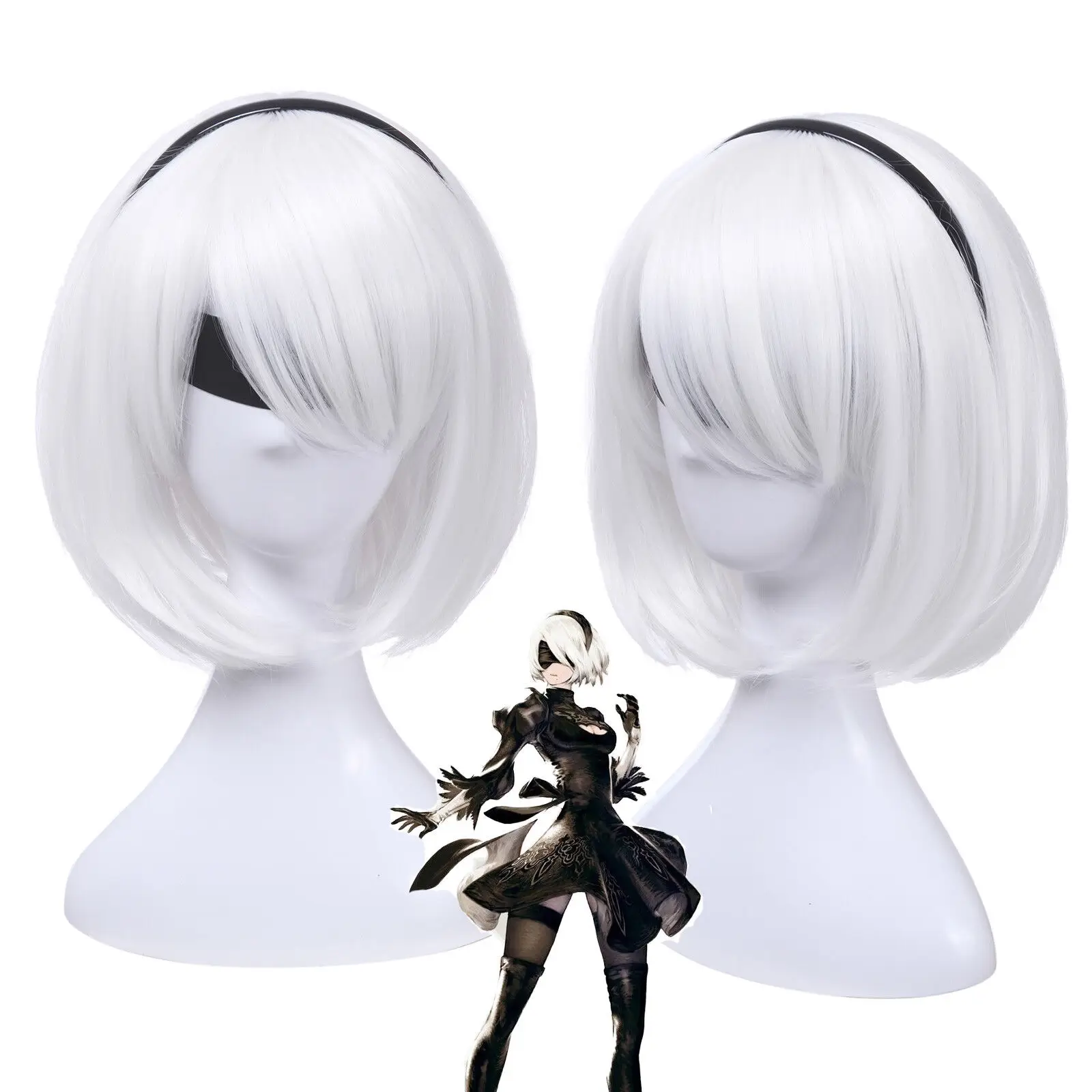 Парики для косплея NieR Automata 2B YoRHa № 2 короткие прямые белые волосы боб
