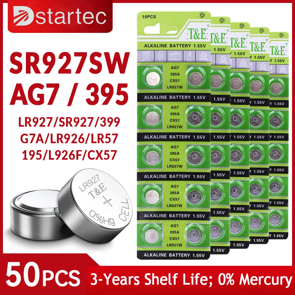 DStartec 50 шт. AG7 Кнопочная батарея LR927 395A, батарейка для монет, щелочные игрушки, батарейка для часов 1,55 в SR927SW L927F LR57 395 399; Без ртути