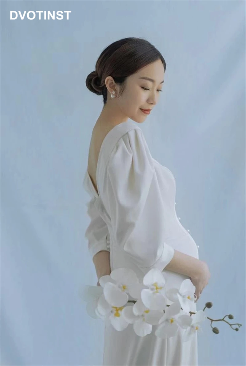 Dvotinst Women Photography Props  White Elegant Half Sleeve Maternity Dresses V-Neck Pregnancy Dress Studio Shoots Photo Props enlarge