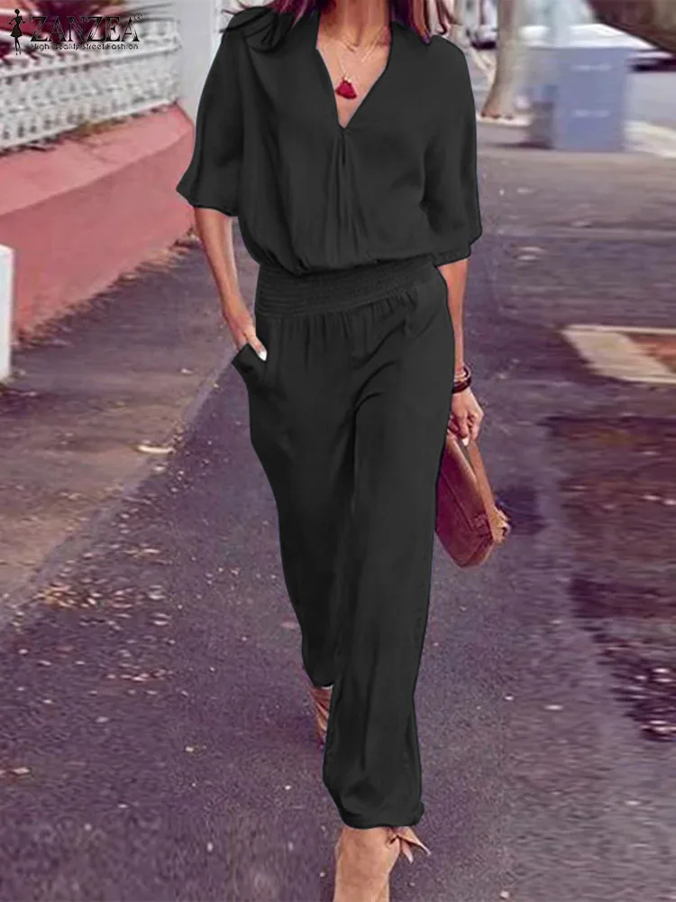 

ZANZEA Summer Top and Pant Tracksuit Women Half Sleeve V-neck Blouse Fashion Smocked Waist Trouser 2pcs Outfits Casual Pant Sets
