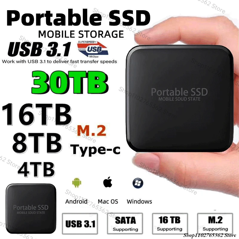 Portable M.2 SSD 30TB External Solid State Drive 2TB Hard Drive Type-C Usb 3.1 4TB 8TB 16TB Mobile Hard Disks for PC Laptop PS4