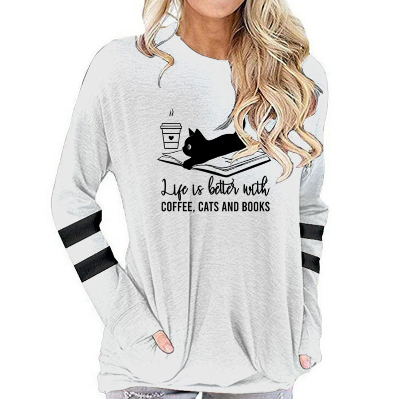 Женская хлопковая футболка с длинным рукавом принтом кофейного кота и книг