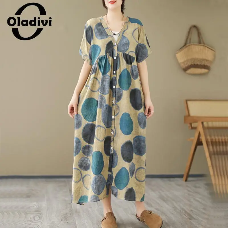 

Oladivi модное богемное длинное платье в горошек с коротким рукавом 2023 летняя пляжная одежда в стиле бохо женские платья оверсайз 3XL 4XL 9680