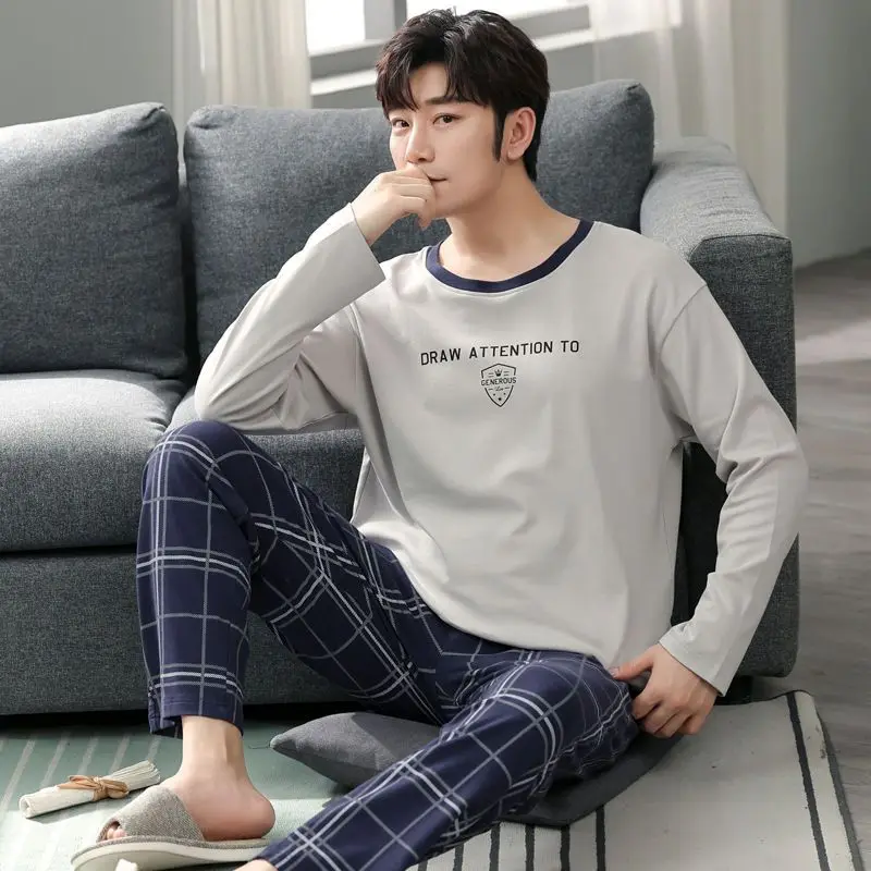 M-4XL Pajamas Men's Long-Sleeved Trousers Pajamas Two-Piece Spring Autumn Cotton Loose Sleepwear Pijamas Boy Casual Home Clothes