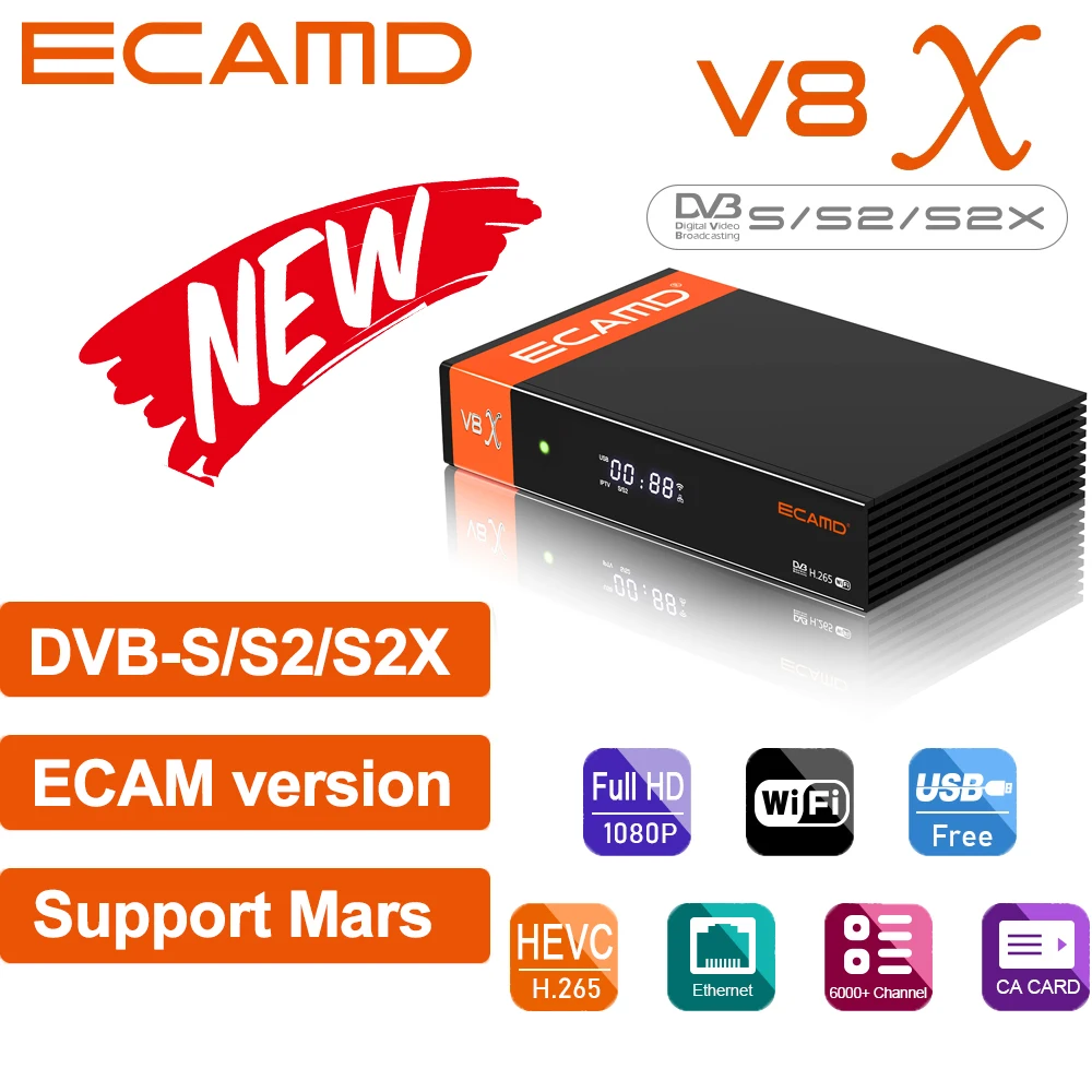 Спутниковый ресивер ECAMD V8X DVB-S/S2/S2X VCM/ACM/мультипоточная поддержка Встроенный 2.4G WIFI