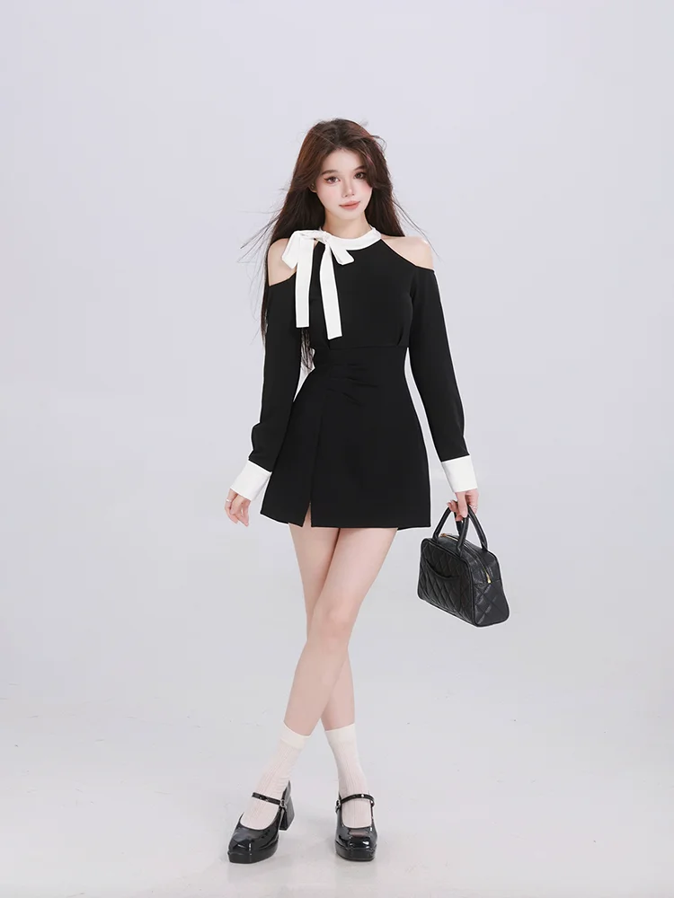 French sle Pure Desire Bow off-the-Shoulder Long sleeve dress Women Waist Hugging Temperament Design Sense Black Short Skir...
