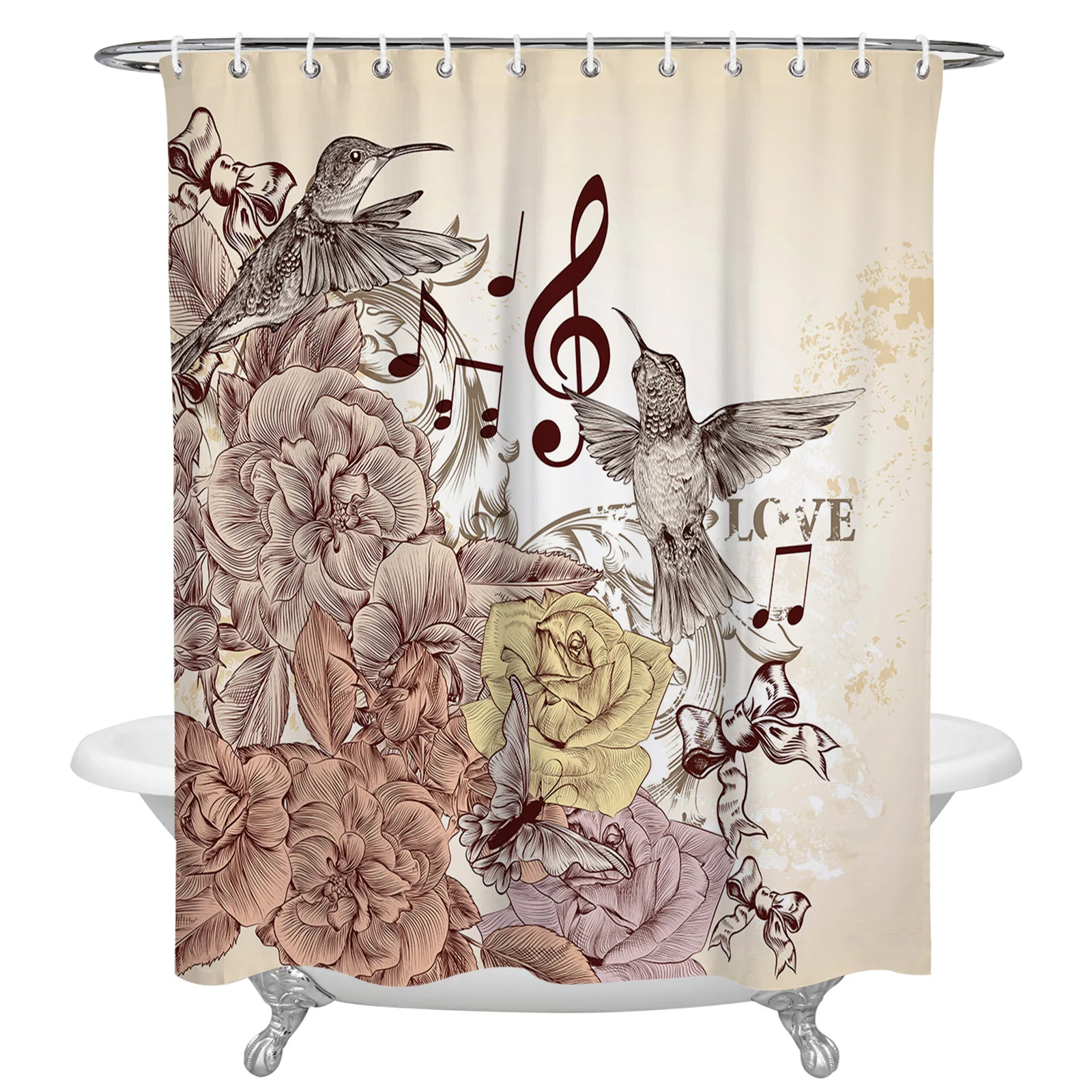 

Цветочные занавески для душа Hummingbird с музыкальными нотками, занавески из полиэстера для ванной комнаты, водонепроницаемые шторы для украше...
