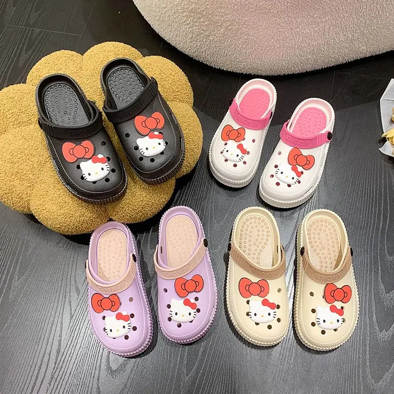 

Kawaii Anime Hello Kitty Sanrio Cinnamoroll Kuromi Cute Wrapped Head Slippers Summer Outside Beach Hole Shoes Girls Gift Toys