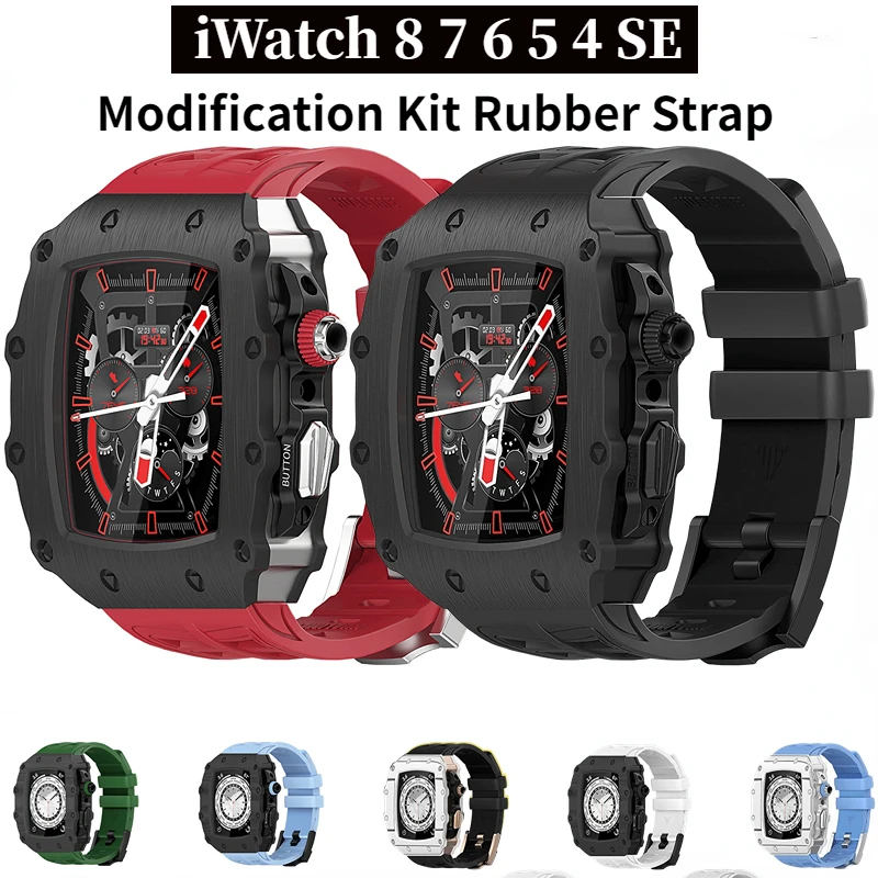 Modification Kit Rubber Strap For Apple Watch 8 7 6 5 4 SE Correa Metal Case+Watchband Belt Kit For iWatch Series 44mm 45mm Band