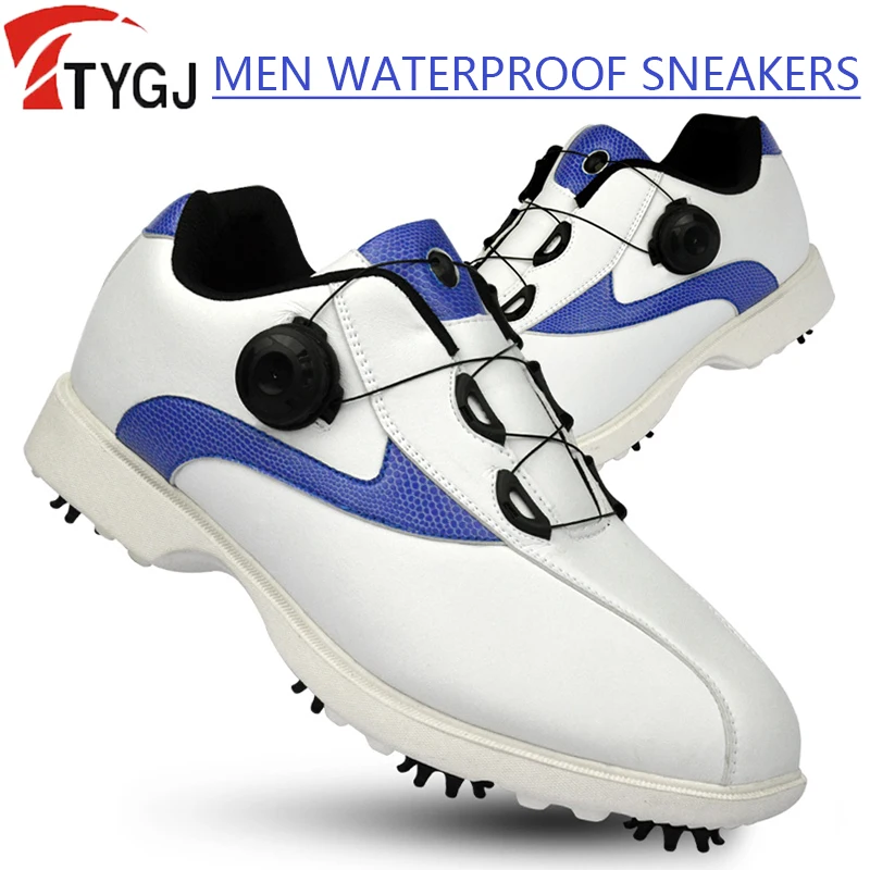 TTYGJ Waterproof Golf Shoes for Male Soft Leather Golf Trainer Men Anti-slip Spikes Sports Trainer Knob Buckle Sneakers 39-44