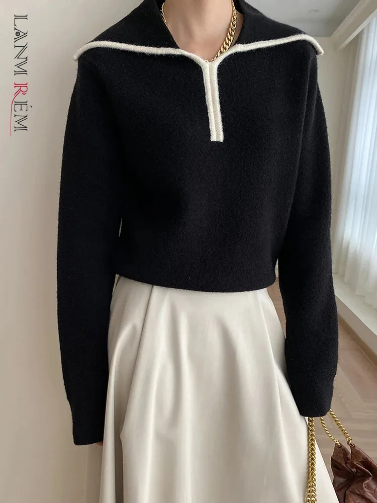 

[LANMREM] French Style Knitting Pullover Sweater For Women Contrast Color Long Sleeve Warm Female Tops 2023 Winter New 26D7267