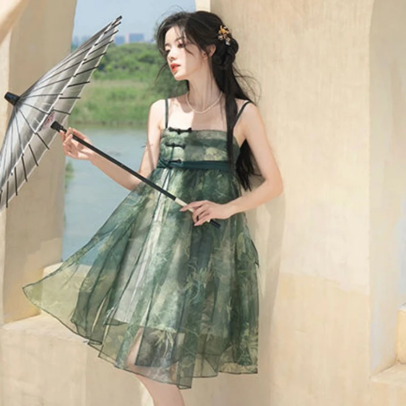

2023 Summer Printed Green Fresh Irregular Skirt Fairy Two Piece Set for Women's Traditional Chinese Improved Hanfu Dress