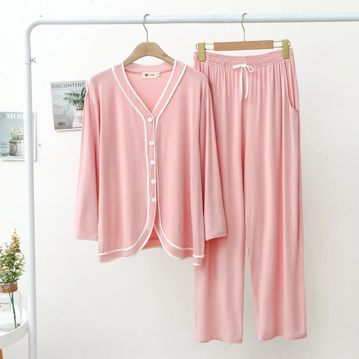 Modal Pajamas Women Tracksuit Cardigan Hemming Long Sleeve Trousers Two Piece Set Pocket Solid Color Leisure Suits Lounge Wear