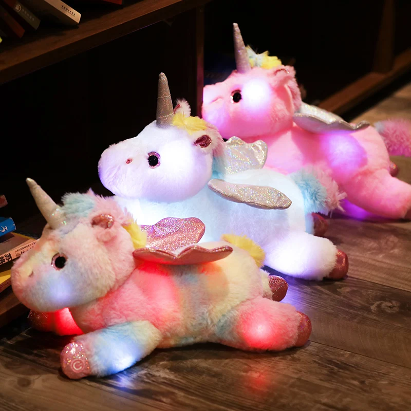 

Kawaii светодиодный светящийся красочный единорог плюшевые игрушки Светящиеся мягкие животные единорог лошадь игрушка милая светильник ящаяся кукла девочки рождественские подарки