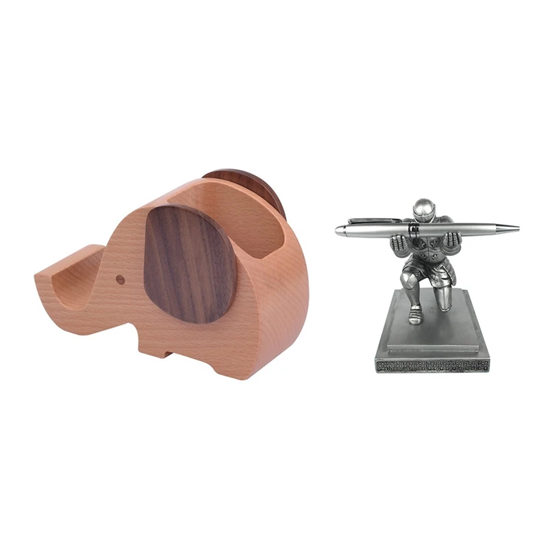 

1 Pcs Wooden Elephant Cell Phone Holder & 1 Pcs Creative Desktop Storage Soldier Knight Pen Stand Holder