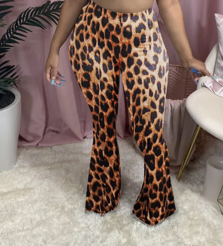 Plus Size Women Clothing 2023 New Fashion Spring Autumn Sexy High Street Wear Leisure Leopard Large Flare Slim Long Women Pants