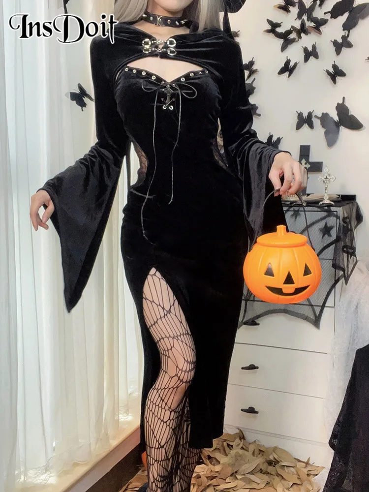 InsDoit-vestido negro gótico de tela de araña para mujer, ropa de calle con mangas acampanadas, vendaje de terciopelo dividido, vestido Sexy Punk con capucha para Halloween