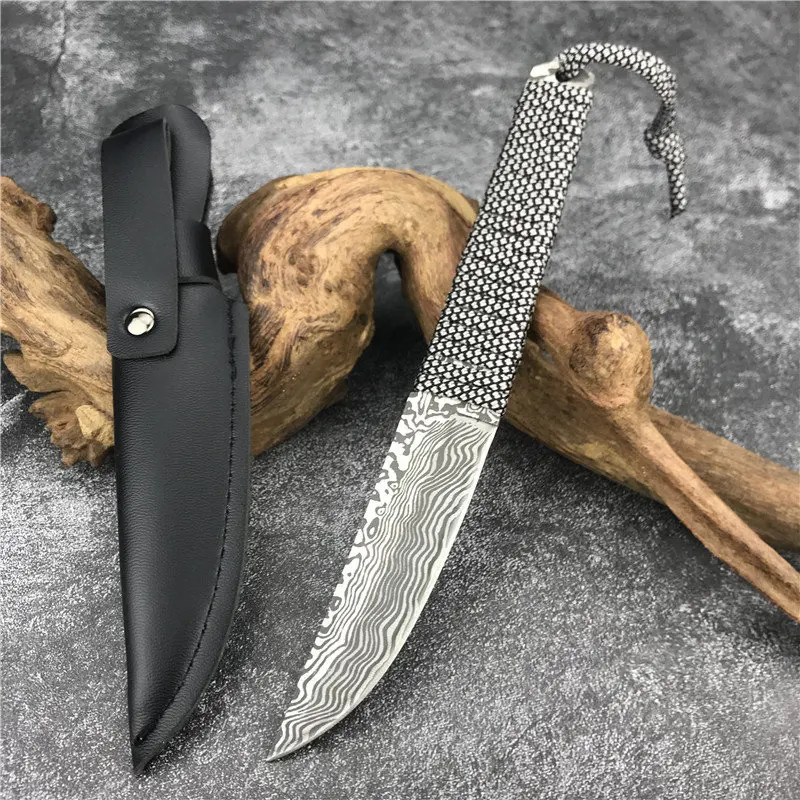 

Damascus Pattern Tactical Fixed Blade Rope Knife Wilderness Knife Outdoor Survival Knife Sharp Blade EDC Portable Knife Tactics