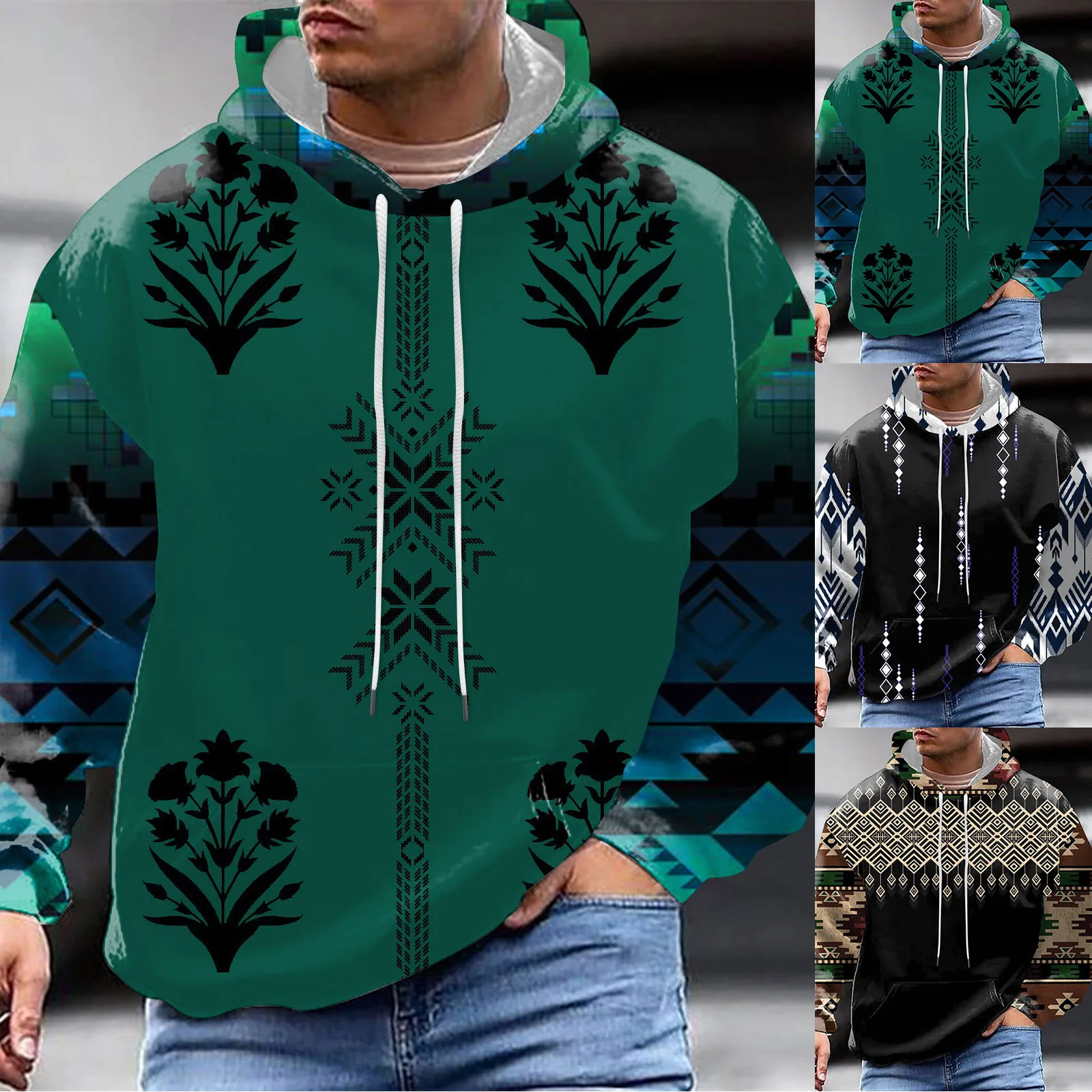 

Ethnic Hoodies Men's Autumn Winter Casual Hoodies Men Outwear Folk Tribe Pullover Sweatshirts Male Hooded Collar Loose Fit Tops