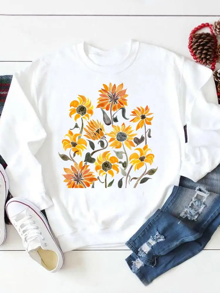 

Sweatshirts Print Casual Autumn Graphic Pullovers Fashion Watercolor Flower 90s Spring Fall Female Women Regular Clothing