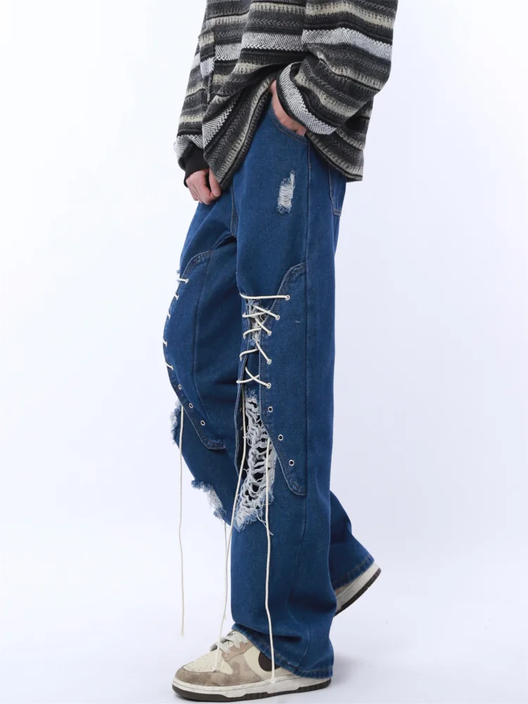 DEEPTOWN Y2K Loose Ripped Jeans Men Designer Straight Denim Pants Male Blue Washed Hole Trousers Streetwear Hip Hop Fashion