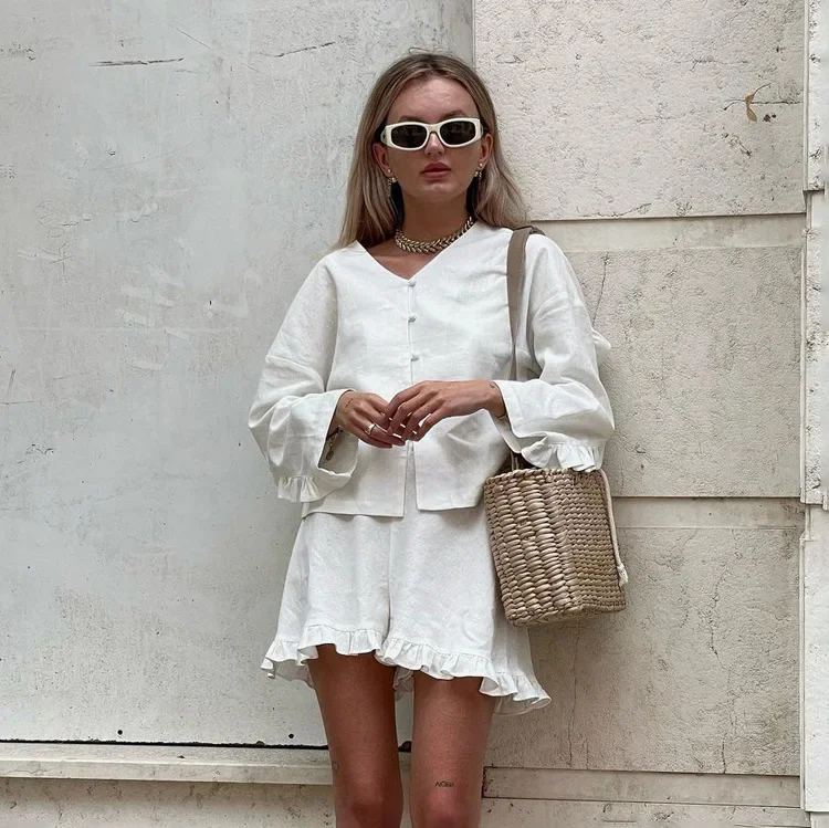 

Fashion Beige Linen 2 Piece Sets Women Outfit Casual Loose Long Sleeve Shirts with High Waist Ruffle Shorts Set Female