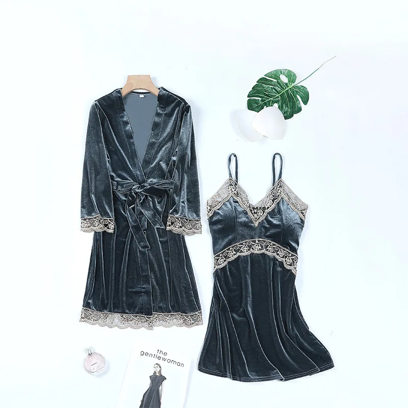 Women's Sleepwear 2 Pcs Sets Velvet Sleepwear Lace Robe Nightgown and Backless V-neck Sleep Dress Pajamas Set