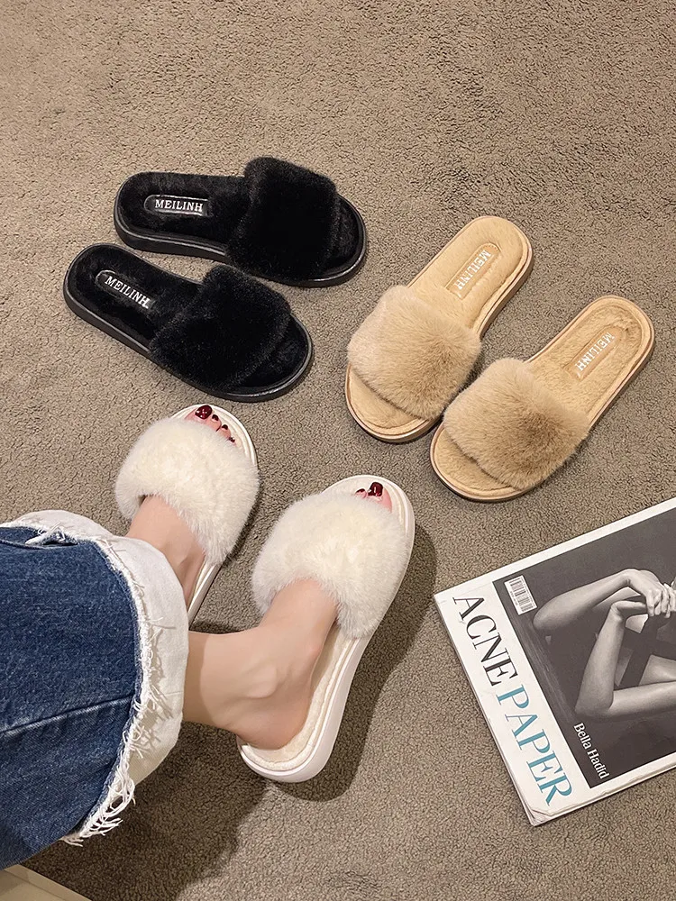 

Домашние тапочки, женская меховая обувь, низкие сланцы, искусственная кожа, плюшевые, 2023, резиновые, на плоской подошве, роскошные, простые, римские, женские туфли, Sli