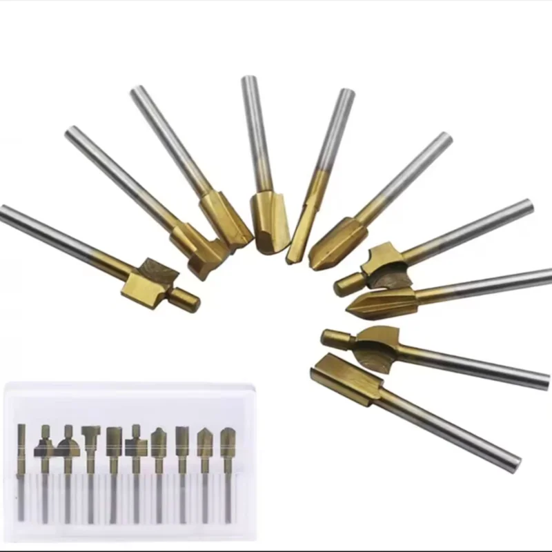 

1Set/10pcs High Quality Titanium-Plated Plastic Box Gold High-Speed Steel Wood Trimming Knife Small Milling Cutter Cutter