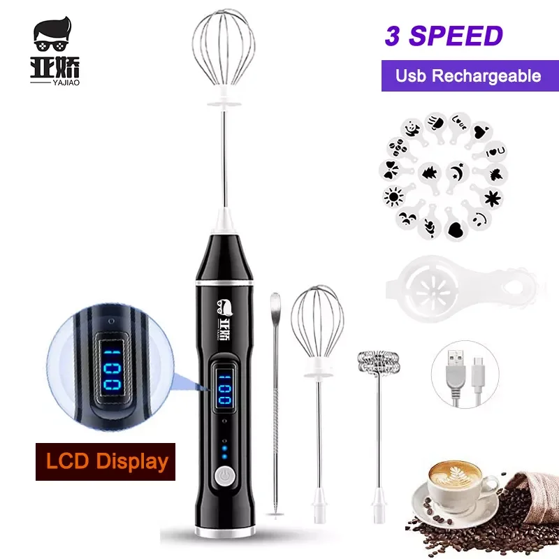 

YAJIAO LCD Display Milk Frother Electric Handheld Blender Usb Rechargeable 3-Speed Mixer for Coffee,Egg, Milk Latte, Cappuccino